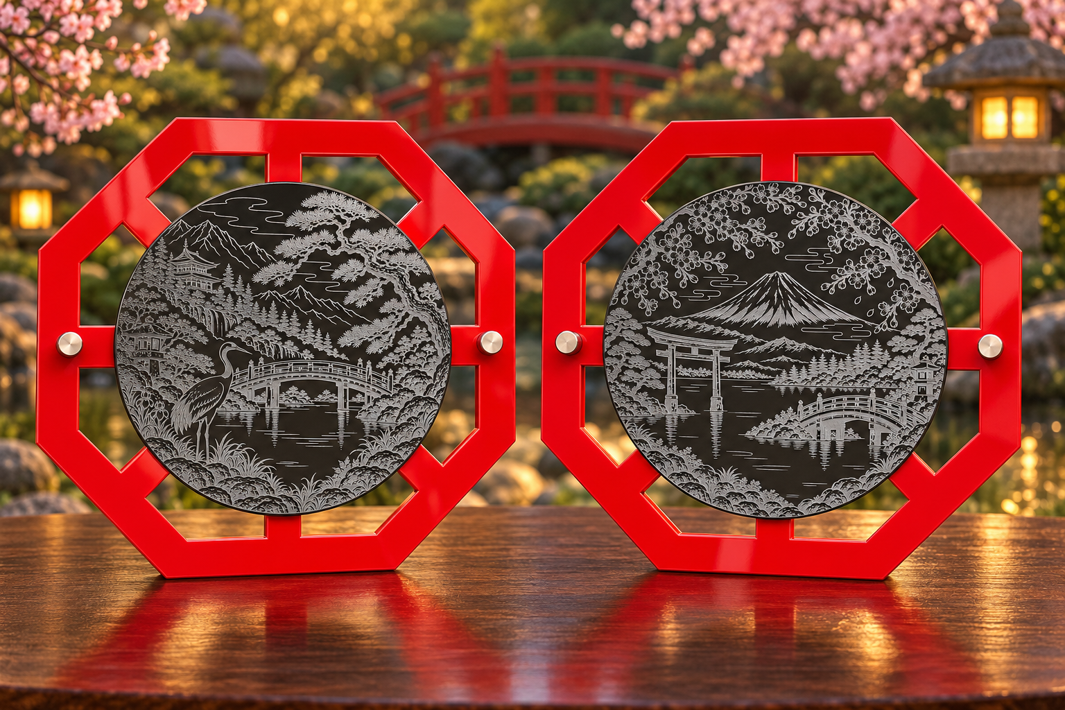 Crane and Japanese Bridge plaque beside Mount Fuji and Torii Gate plaque in gloss-red frames