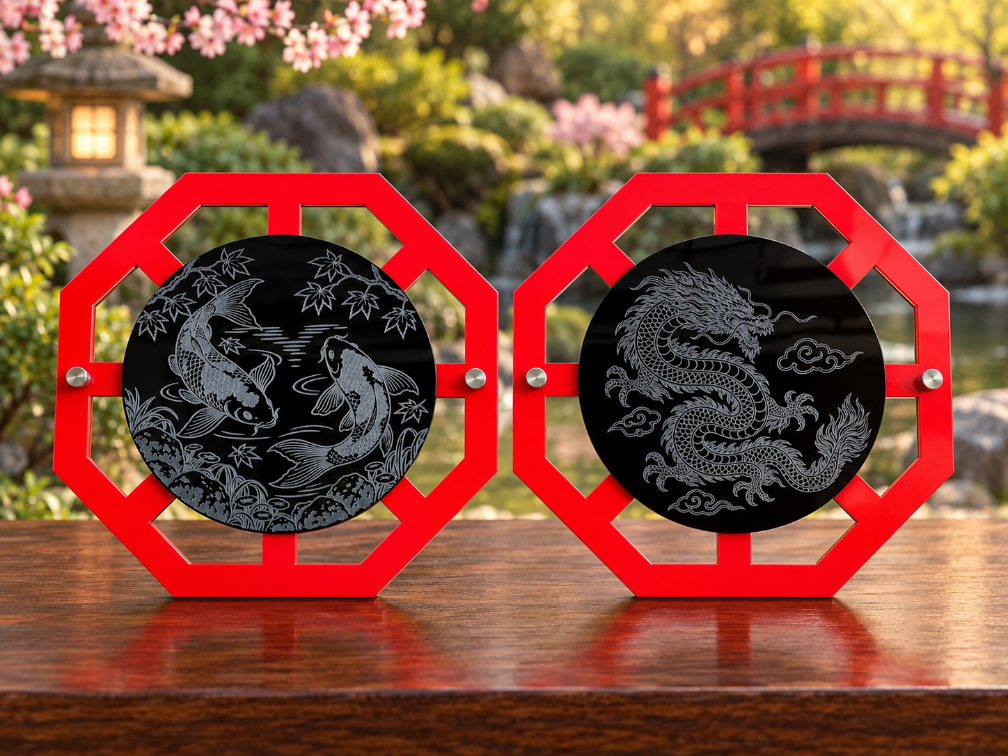 Koi with Maple Branches plaque beside Japanese Dragon and Clouds plaque in gloss-red frames