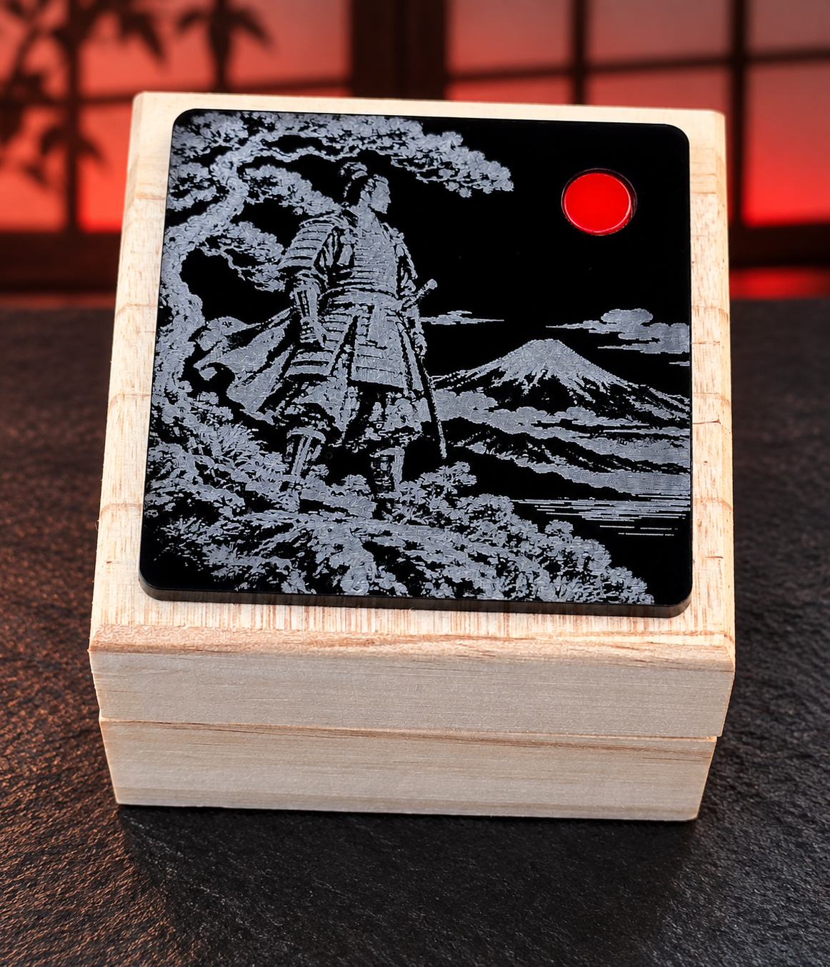 Samurai and Mount Fuji Japanese engraved keepsake box