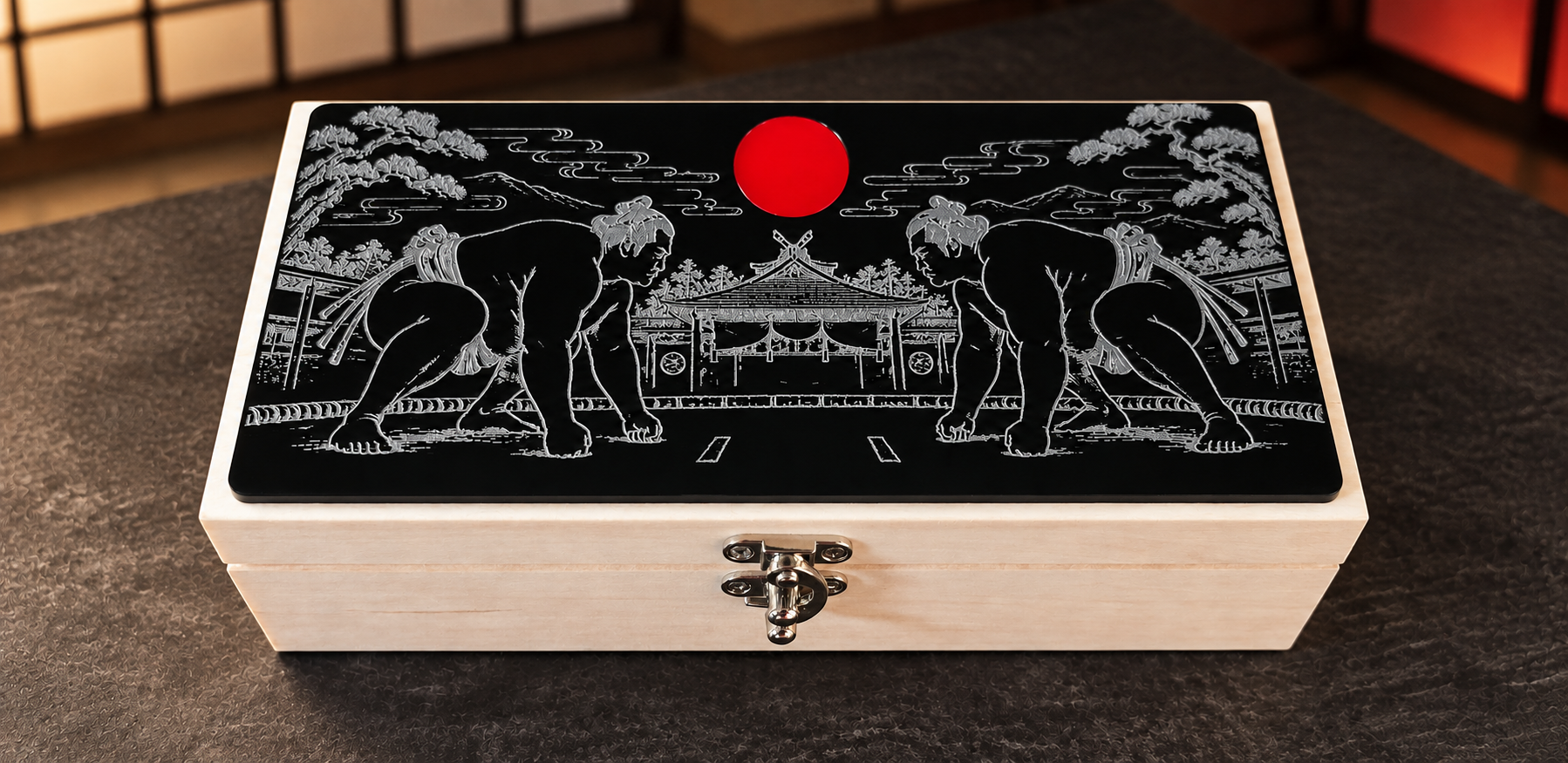 Japanese Sumo engraved wooden tea box